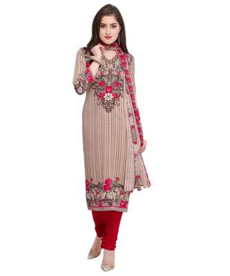 Beige Floral Print Synthetic Unstitched Salwar With Dupatta 1