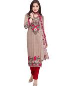 Beige Floral Print Synthetic Unstitched Salwar With Dupatta