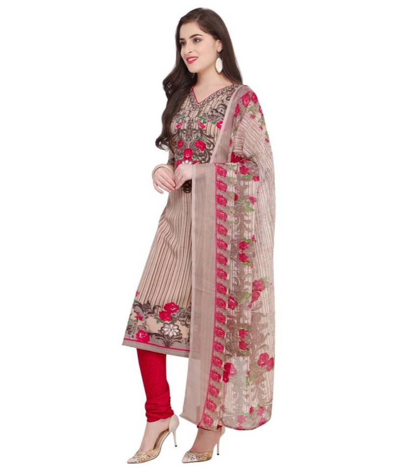 Beige Floral Print Synthetic Unstitched Salwar With Dupatta