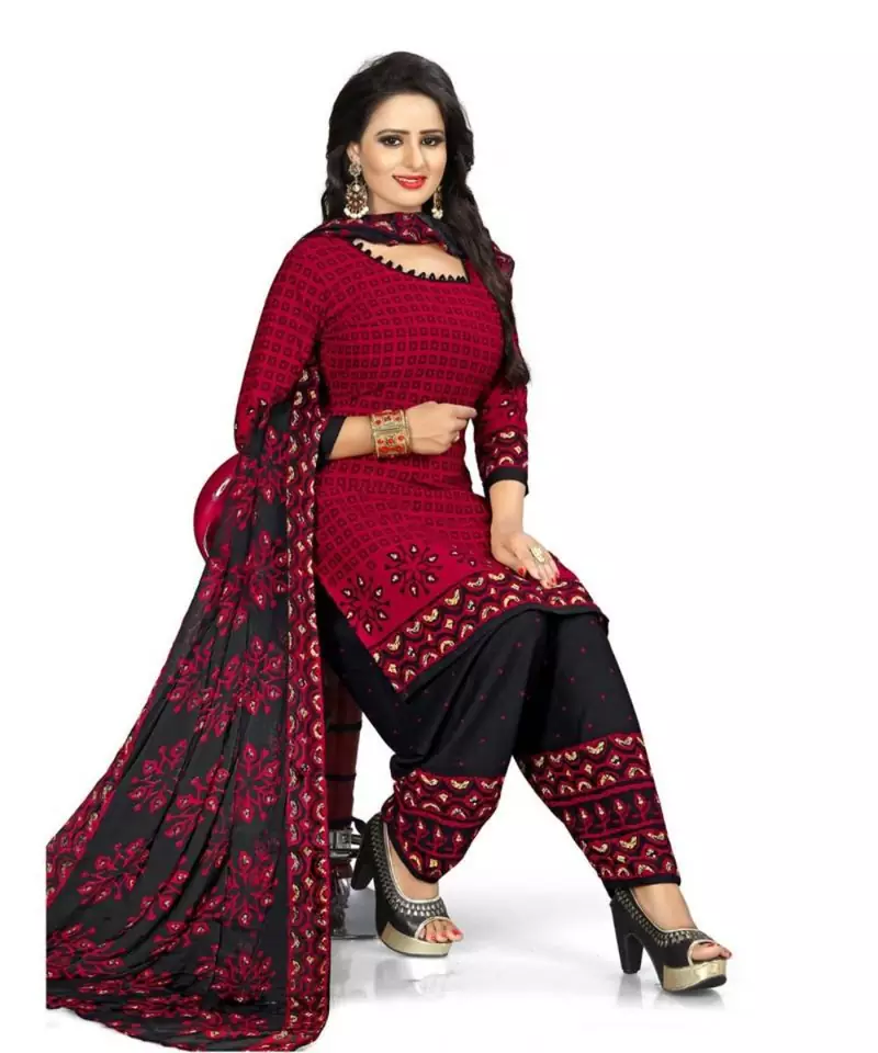 Maroon Abstract Print Crepe Unstitched Salwar With Dupatta