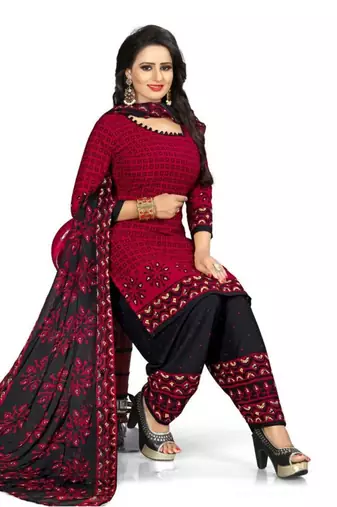 Maroon Abstract Print Crepe Unstitched Salwar With Dupatta