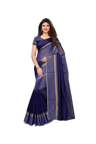 Blue Woven Cotton Saree With Blouse