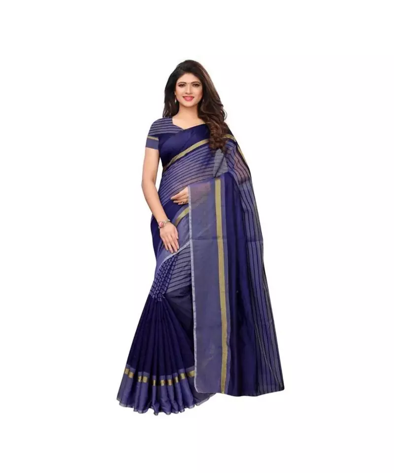 Blue Woven Cotton Saree With Blouse