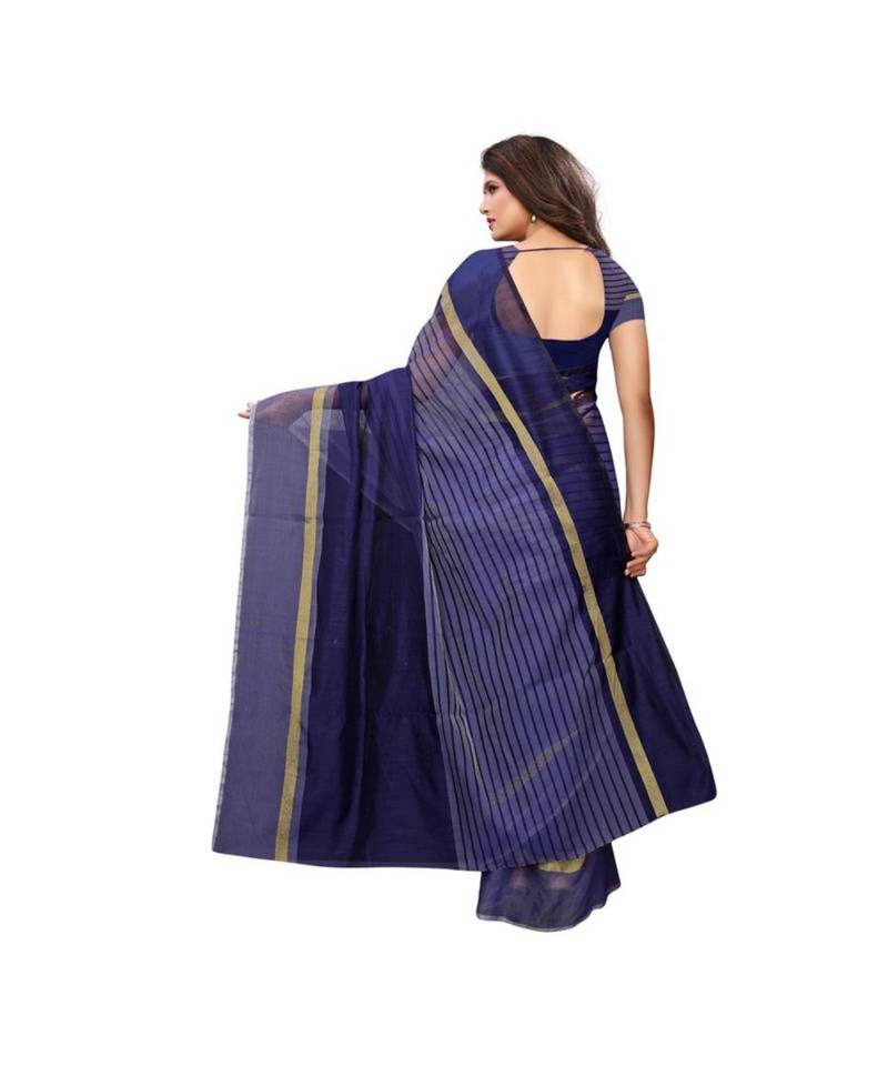 Blue Woven Cotton Saree With Blouse