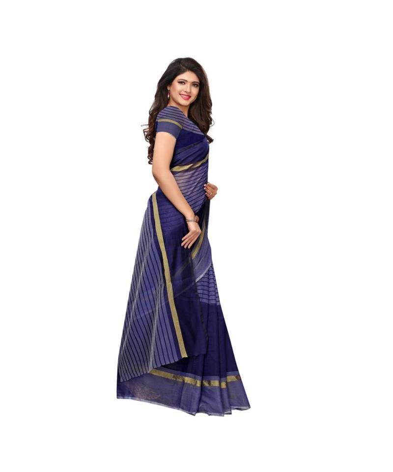 Blue Woven Cotton Saree With Blouse