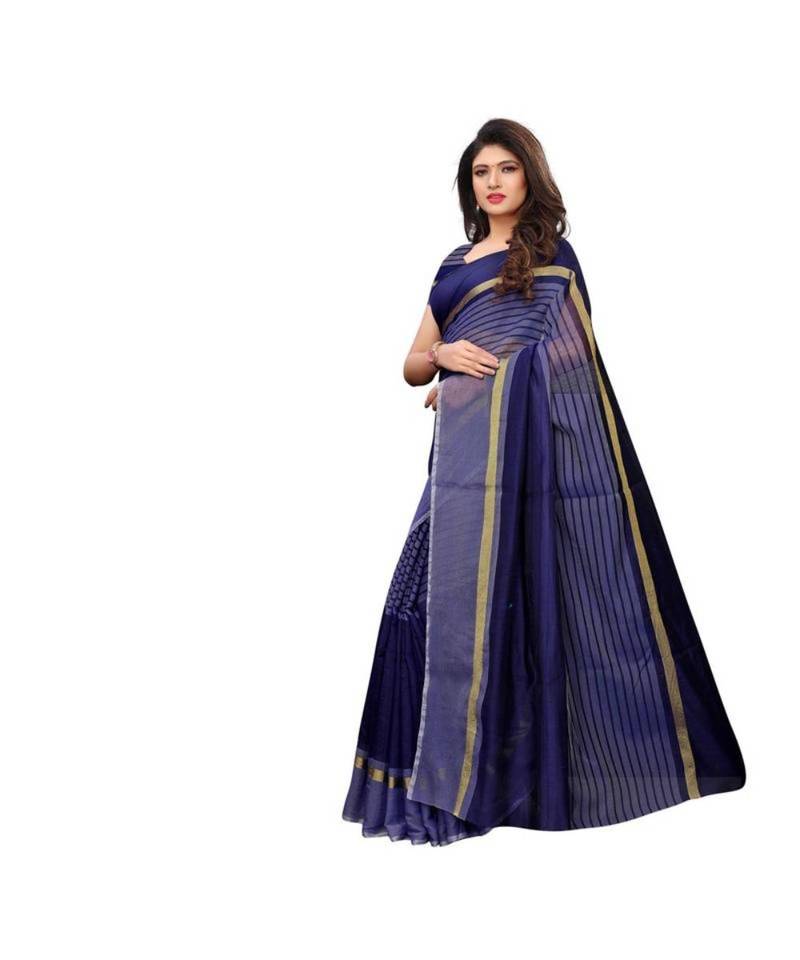 Blue Woven Cotton Saree With Blouse