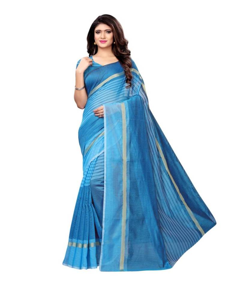 Turquoise Woven Cotton Saree With Blouse