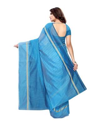 Turquoise Woven Cotton Saree With Blouse 3