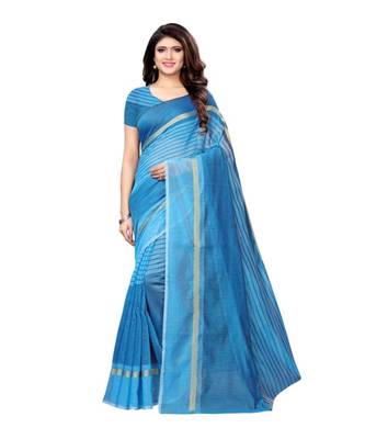 Turquoise Woven Cotton Saree With Blouse 1