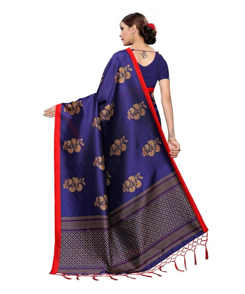 Blue Printed Cotton Silk Saree With Blouse