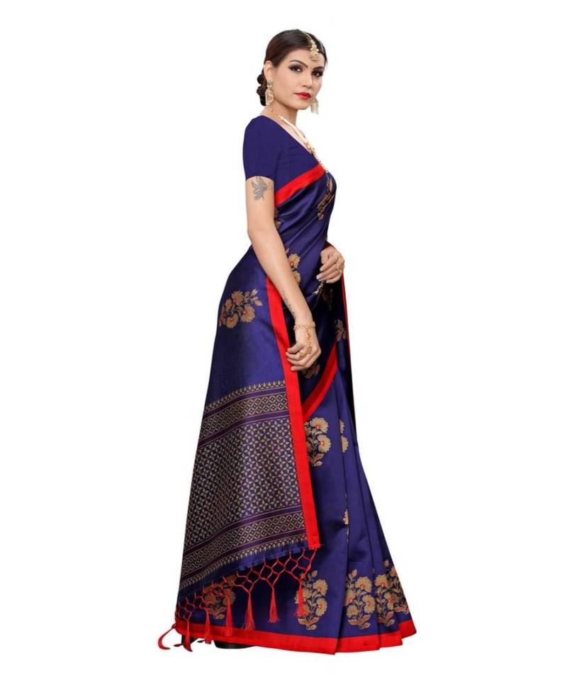 Blue Printed Cotton Silk Saree With Blouse