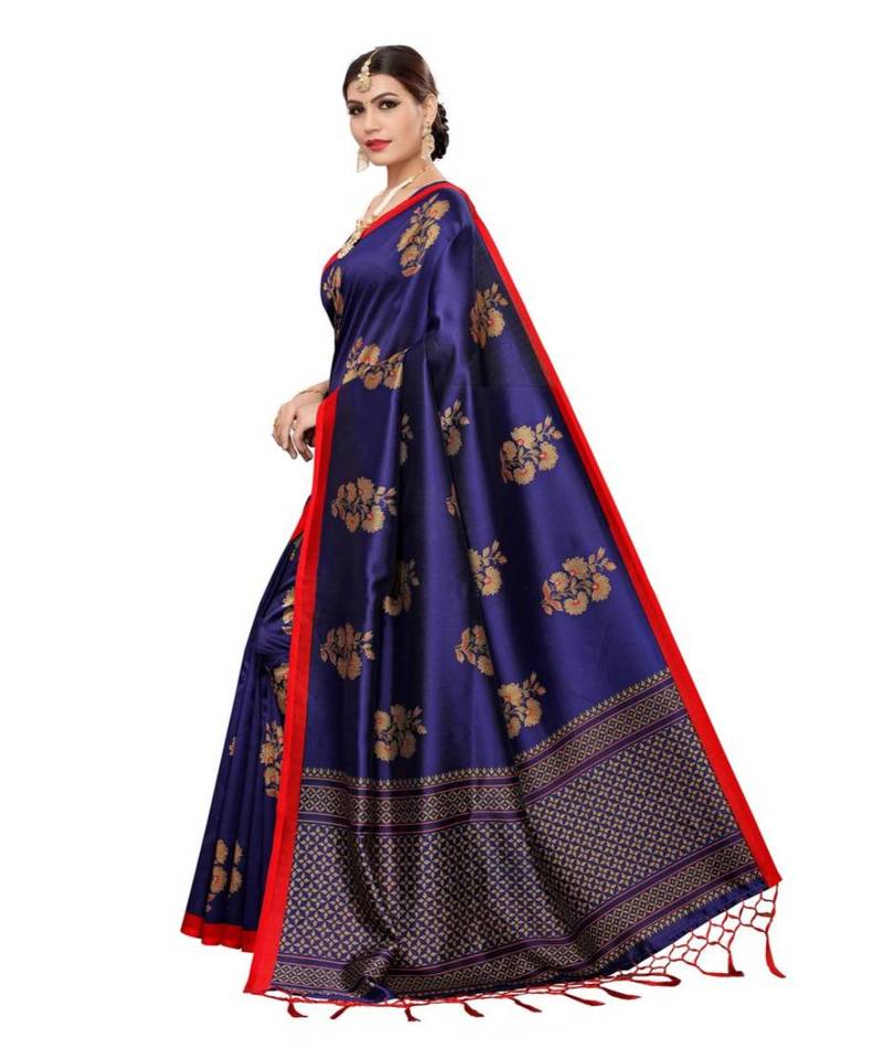 Blue Printed Cotton Silk Saree With Blouse