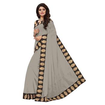 Grey plain Chanderi Cotton Kalamkari  saree with blouse 2