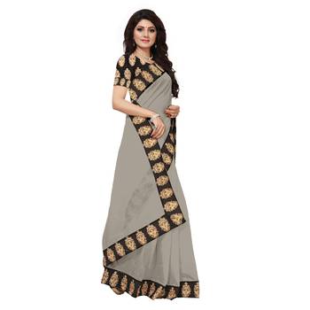 Grey plain Chanderi Cotton Kalamkari  saree with blouse 3