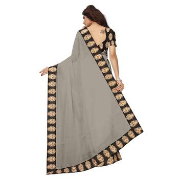 Grey plain Chanderi Cotton Kalamkari  saree with blouse 4