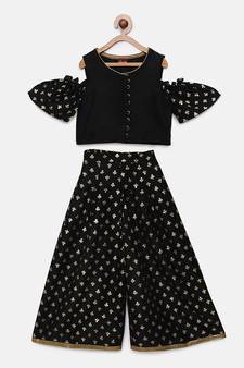 Black printed polyester kids-tops