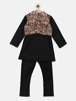 Black woven polyester kurta pyjama with nehru jacket for boys 1