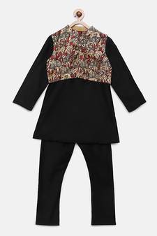 Black woven polyester kurta pyjama with nehru jacket for boys