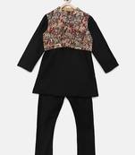 Black woven polyester kurta pyjama with nehru jacket for boys