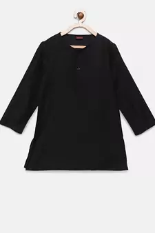 Black woven polyester kurta pyjama with nehru jacket for boys