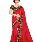 red plain Chanderi Cotton Kalamkari  saree with blouse