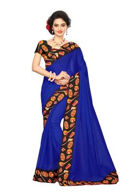 blue plain Chanderi Cotton Kalamkari  saree with blouse 1