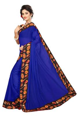 blue plain Chanderi Cotton Kalamkari  saree with blouse 2