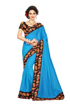 Turquoise plain Chanderi Cotton Kalamkari  saree with blouse. 1
