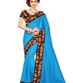 Turquoise plain Chanderi Cotton Kalamkari  saree with blouse.