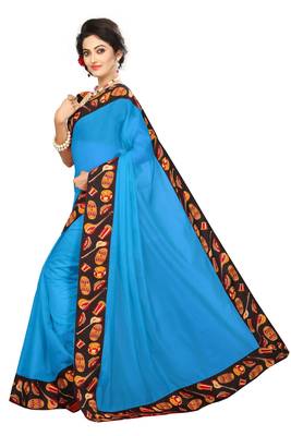 Turquoise plain Chanderi Cotton Kalamkari  saree with blouse. 2