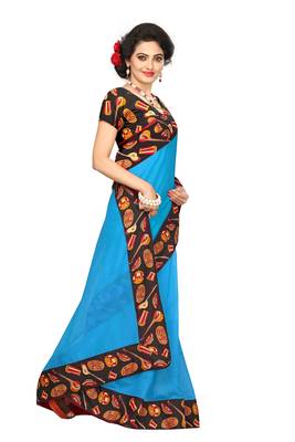 Turquoise plain Chanderi Cotton Kalamkari  saree with blouse. 3