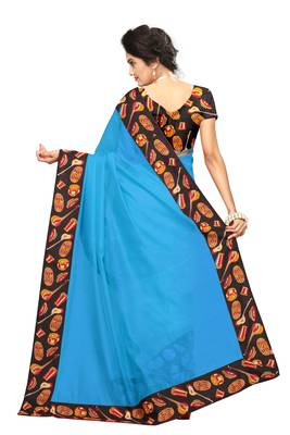 Turquoise plain Chanderi Cotton Kalamkari  saree with blouse. 4