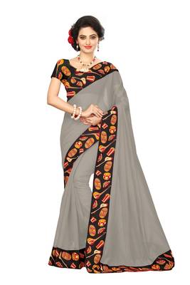 grey plain Chanderi Cotton Kalamkari  saree with blouse 1
