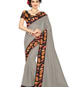 grey plain Chanderi Cotton Kalamkari  saree with blouse