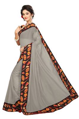 grey plain Chanderi Cotton Kalamkari  saree with blouse 2