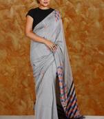 Steel Grey Blended Cotton Saree With Box Design On Pallu