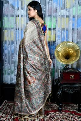 Beige Printed Madhubani Gheecha Saree 2