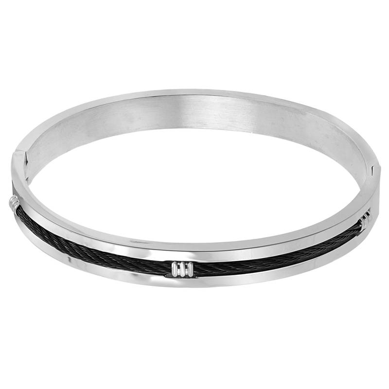 Center Rope Black Rhodium 316L Surgical Stainless Steel Openable Kada Bangle Bracelet Men