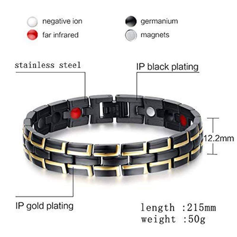 Stylish Italian Glossy Black Gold 316L Surgical Stainless Steel Magnet Health Care Therapy Bio Energy Bracelet Men Boy