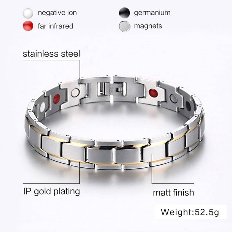 Stylish Italian Glossy Gold Rhodium 316L Surgical Stainless Steel Magnet Health Care Therapy Bio Energy Bracelet Men Boy