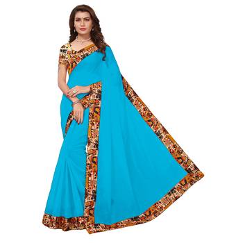 Turquoise plain Chanderi Cotton Kalamkari  saree with blouse 1