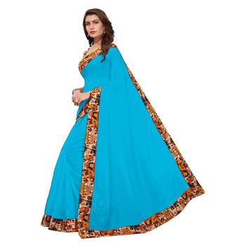 Turquoise plain Chanderi Cotton Kalamkari  saree with blouse 2