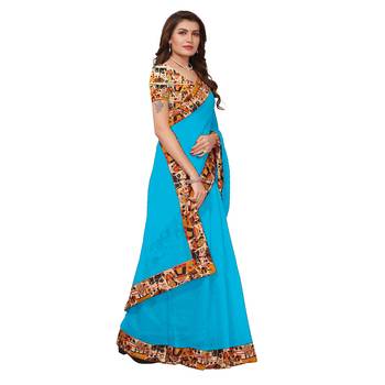 Turquoise plain Chanderi Cotton Kalamkari  saree with blouse 3