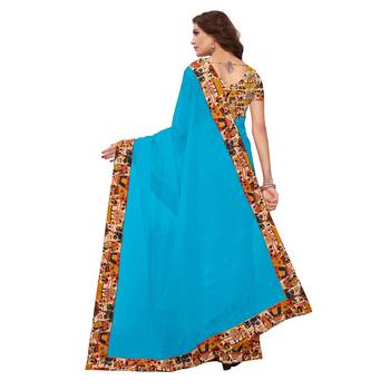 Turquoise plain Chanderi Cotton Kalamkari  saree with blouse 4