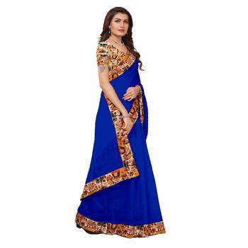 blue plain Chanderi Cotton Kalamkari  saree with blouse 3