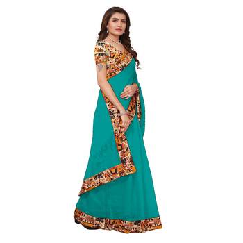 green plain Chanderi Cotton Kalamkari  saree with blouse 3