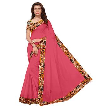 pink plain Chanderi Cotton Kalamkari  saree with blouse 1
