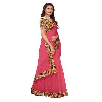 pink plain Chanderi Cotton Kalamkari  saree with blouse 3