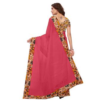 pink plain Chanderi Cotton Kalamkari  saree with blouse 4