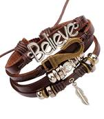 Stylish Believe 100% Genuine Brown Leather Beads Leaf Charm Multi-Strand Unisex Bracelet Men Boys